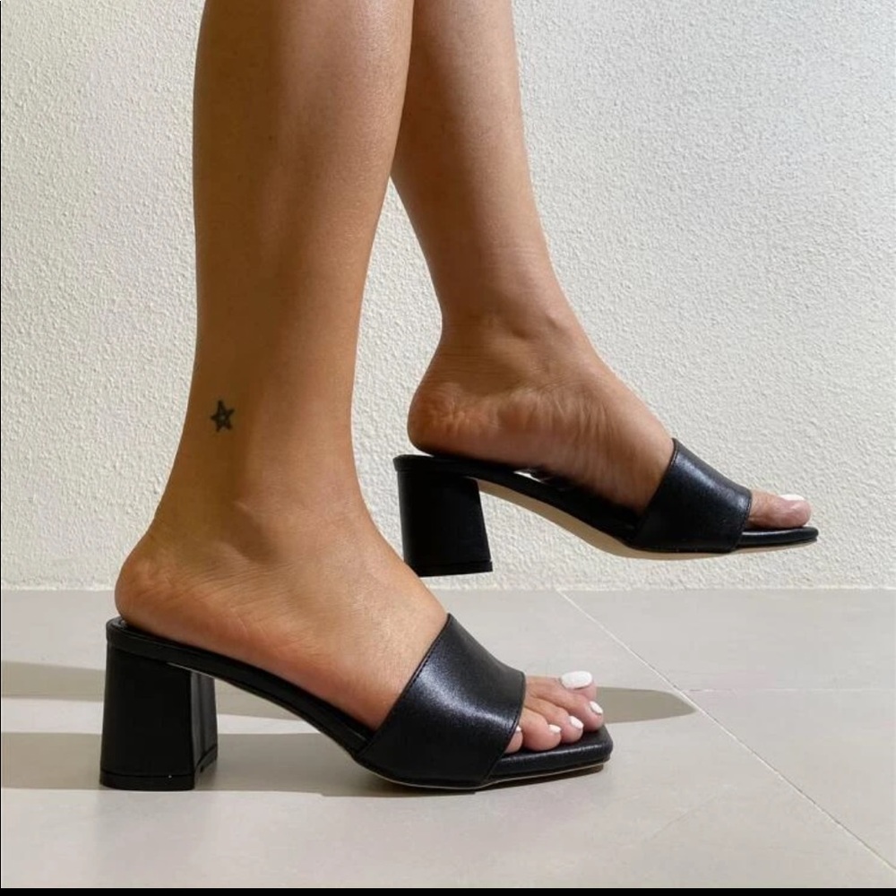 Black chunky heeled mules